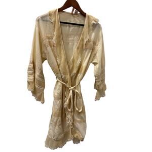 Eloise Lace Trim Boho Kimono Duster M/L Ivory Sheer Ruffle Cardigan